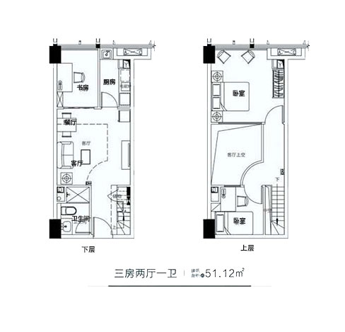 3栋B户型51.12㎡-3房2厅1卫