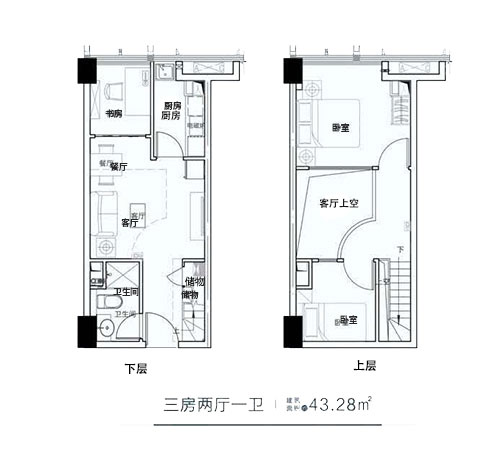 2栋A户型43.28㎡-3房2厅1卫