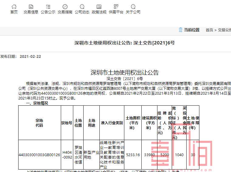 罗湖清水河将在3月23日出让一宗产业用地，将建教育文化科技大厦